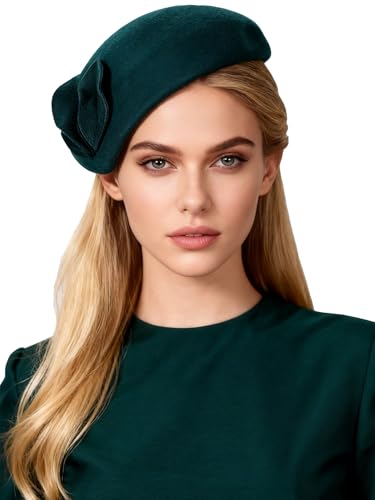 HIMESPORT Wool Felt Fascinator Hats for Women Ladies Female Wedding Cocktail Tea Party Dress Pillbox Hat - color: Dark Green 8 Blue
