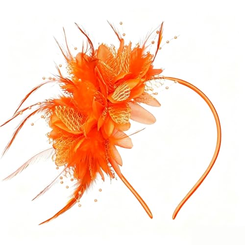 Orange Flower Headband, Floral Feather Hairband with Pearl Design Party Headband for Women Wedding Headpiece Fascinator Party Hair Accessories Carnival Hair Hoop - color: Orange