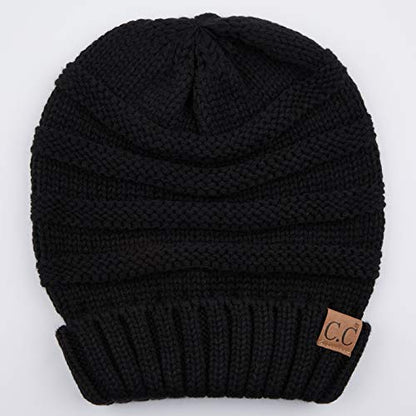 C.C Hat-100 Oversized Baggy Slouch Thick Warm Cap Hat Skully Cable Knit Beanie - color: Black Solid