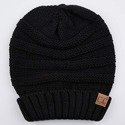 C.C Hat-100 Oversized Baggy Slouch Thick Warm Cap Hat Skully Cable Knit Beanie - color: Black Solid