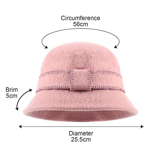 Women Elegant Winter Wool Bucket Hat 1920s Vintage Cloche Bowler Hats (Pink)