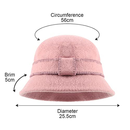 Women Elegant Winter Wool Bucket Hat 1920s Vintage Cloche Bowler Hats (Pink)
