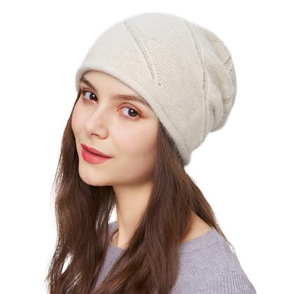 Women's Knitted Angora Wool Hat for Autumn and Winter Warm and Stylish with Rolled Brim and Slanted Rhinestones Cap - color: New-beige