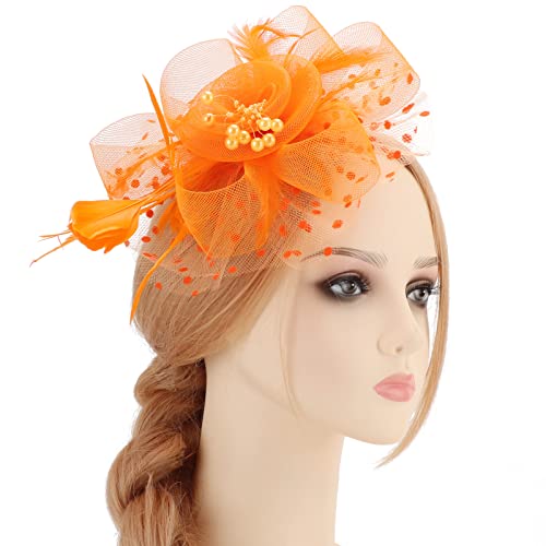 AQOKKA Women Fascinators Hats Flower Fascinators with Headband and Clip Tea Party Headwear for Women and Girls - color: 1 Pc 7" Diameter / Orange