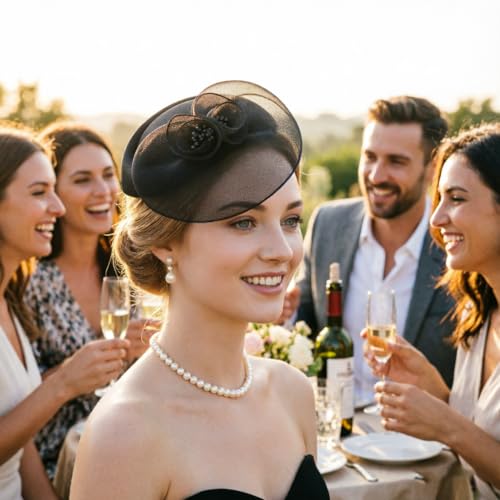DRESHOW Fascinator Hats for Women Cocktail Tea Party Hat Netted Pillbox Hat Vintage Derby Hats for Bridal Wedding - color: Pillbox Hat: Black