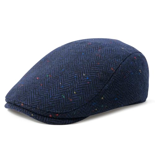 FEINION Men Wool Blend Flat Cap Tweed Newsboy Ivy Hat - color: Flecked Navy