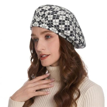 ZLYC Women French Beret Hat Reversible Knit Thickened Warm Artist Cap - color: Checkered White