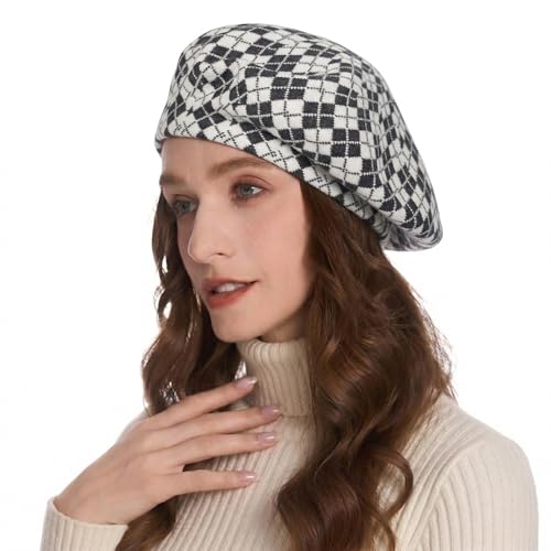 ZLYC Women French Beret Hat Reversible Knit Thickened Warm Artist Cap - color: Checkered White