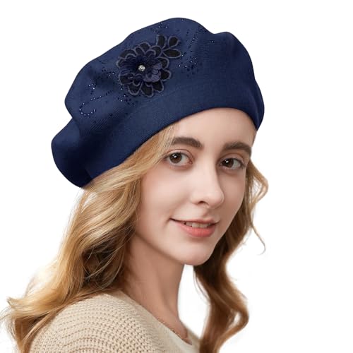 Flower Embroidery Beret Hat for Women, French Style Knitted Beret Hats, Stylish Solid Color Beret Cap for Women Girls Lady - color: Navy Blue