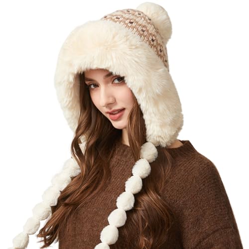 HUAMULAN Women Winter Peruvian Beanie Hat Ear Flaps Fleece Lining - color: Beige Floral