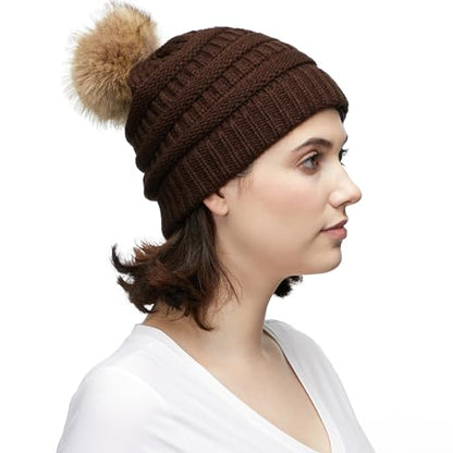 C.C Fur Pom Winter Fall Trendy Chunky Stretchy Cable Knit Beanie Hat - color: Solid Brown