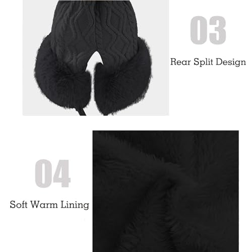 Womens Faux Fur Hat with Fluffy Pompom for Winter Fuzzy Knitted Beanies Skull Cap Warm Earflaps Cold Weather Cute - color: Black