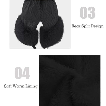 Womens Faux Fur Hat with Fluffy Pompom for Winter Fuzzy Knitted Beanies Skull Cap Warm Earflaps Cold Weather Cute - color: Black