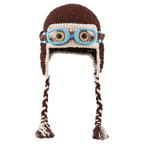 Pilot Crochet Beanie with Goggles Decoration, Knit Soft Warm Hat with Ear Flap, Knitted Winter Beanie Hat for Cosplay
