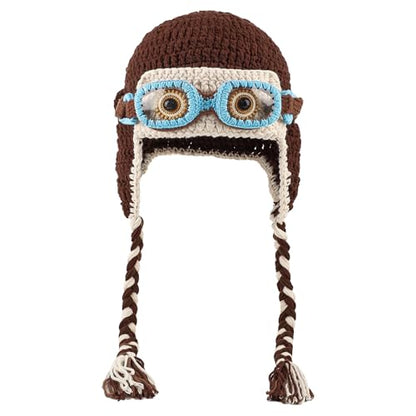Pilot Crochet Beanie with Goggles Decoration, Knit Soft Warm Hat with Ear Flap, Knitted Winter Beanie Hat for Cosplay