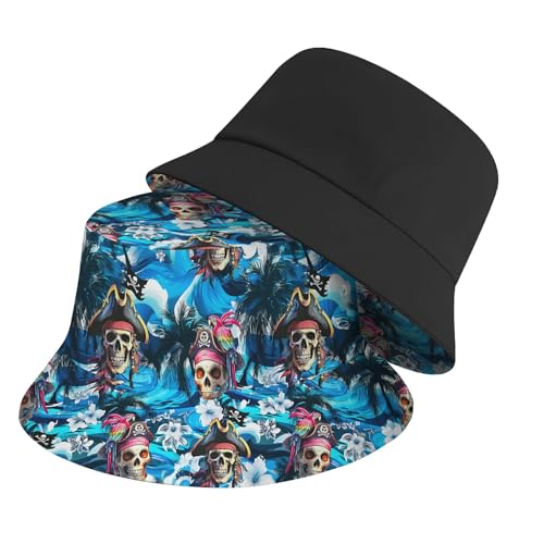 Amasnay Neon Bucket Hat Cotton Double-Side-Wear Reversible Sun Hat for Women Men, Summer Vacation Travel Beach Fisherman Hat - color: Flower Pirate Skull