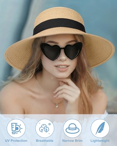 Sun Straw Hats for Women, Wide Brim Summer Beach Hat - color: Beige Khaki, size: Large