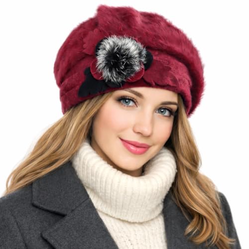VECRY Women's 100% Wool Bucket Hat Felt Cloche Beret Dress Winter Beanie Hats - color: Angola Claret