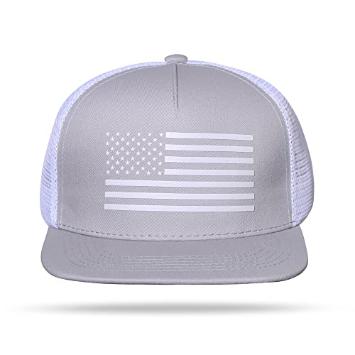 UALON Baseball Cap, Snapback Trucker Hat for Men & Women with American Flag and Adjustable, Breathable Mesh, Flat Bill Hats - color: Gray/White