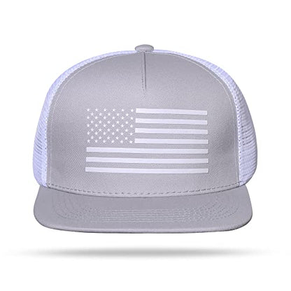 UALON Baseball Cap, Snapback Trucker Hat for Men & Women with American Flag and Adjustable, Breathable Mesh, Flat Bill Hats - color: Gray/White