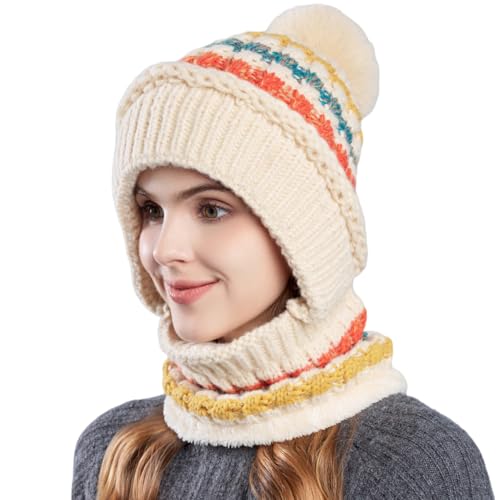 HUAMULAN Women Winter Knit Beanie Hats One Piece Fleece Lined Balaclavas - color: Beige + Colorful Stripe