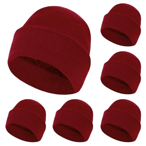ZH 6 Pack Men's Winter Knit Beanies with Fleece Lining, Warm Stretchy Skull Caps for Cold Weather, Unisex Thermal Hats - color: Red