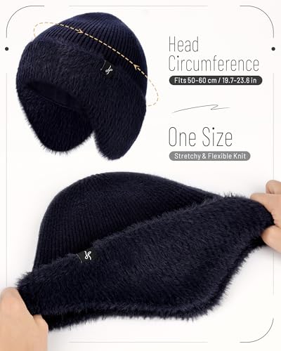HAMUNI Winter Fleece-Lined Beanie with Earflaps, Warm Windproof Unisex Beanie Hat for Skiing, Hiking & Outdoor Winter Sports - color: Navy Blue
