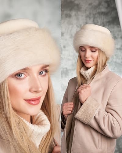 Futrzane Faux Fur Trim Hat for Women - color: Ecru - Ecru, size: X-Small