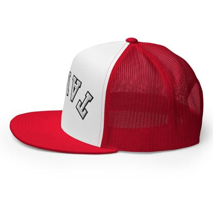 NX Upside Down Tampa Embroidered Flat Bill Trucker Hat High Crown Snapback Cap - color: Red/ White/ Red