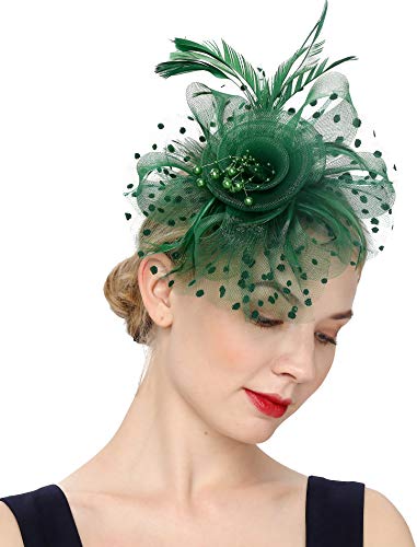Fascinators Hat for Women Tea Party Headband Kentucky Derby Wedding Flower Cocktail Mesh Feathers Hair Clip - color: 1-green