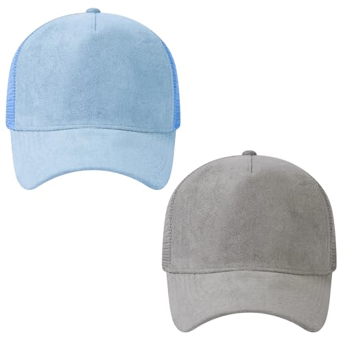 Suede Curved Brim Trucker Cap Adjustable Snapback Hat Mesh Back Breathable for Men Women 2 Pack SH03 - color: Pack of 2, Light Grey & Light Blue