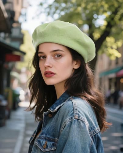 Wool French Beret Hats for Women Classic Winter Beanie Cap - color: Lime Green