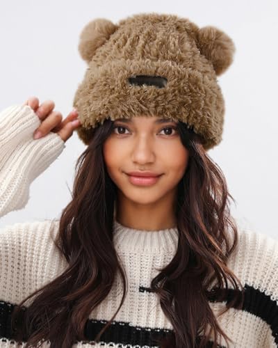 Cute Fuzzy Bear Ears Beanie Hat with Pompom Women's Furry Beanie - color: Khaki