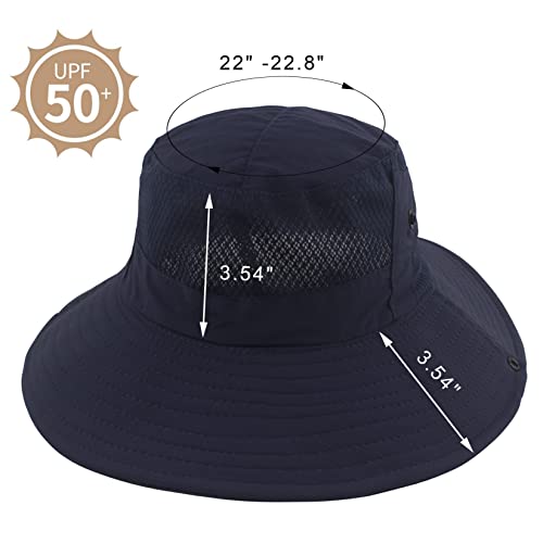 Muryobao Women Ponytail Sun Hat Summer UV Protection Cap Outdoor Foldable Mesh Wide Brim Bucket Hats for Beach Fishing Garden - color: Navy Blue