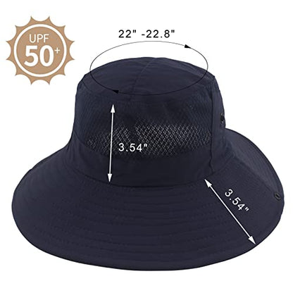 Muryobao Women Ponytail Sun Hat Summer UV Protection Cap Outdoor Foldable Mesh Wide Brim Bucket Hats for Beach Fishing Garden - color: Navy Blue