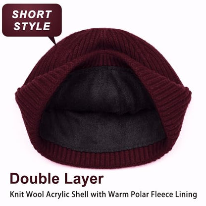 ROYBENS Short Wool Fisherman Beanie for Men Women Knit Fleece Lined Beanies - color: 2pcs-black+wine Red