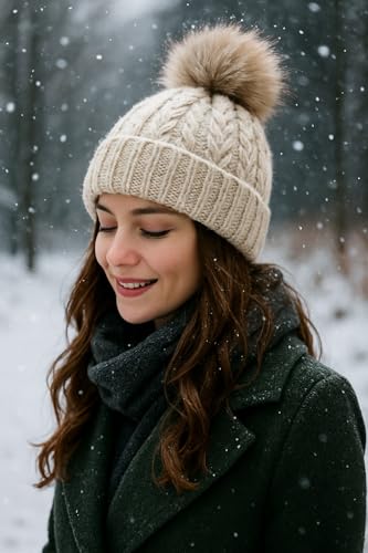 Cable Knit Winter Beanie Hat with Faux Fur Pom Pom, White-Gift Package