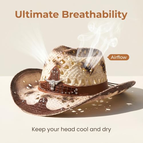 Straw Cowboy Hat for Men Women, Breathable Lightweight - color: Brown-m