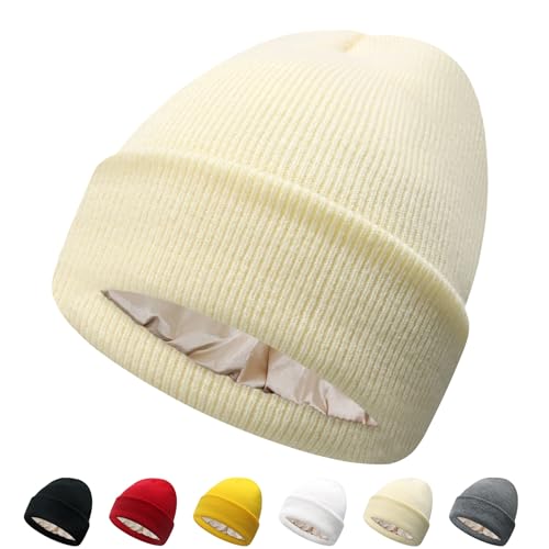 PFFY Satin Lined Beanie for Women Winter Hats Warm Reduce Frizz - color: Beige