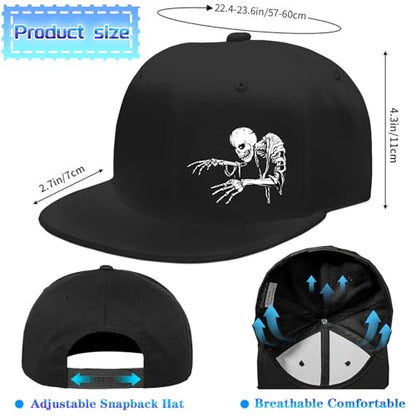 Flat Bill Hats for Men Snapback Hats Skull Skeleton Hat Flat Brim Fitted Hat Adjust Black Baseball Caps for Men - color: Ricky Crawling