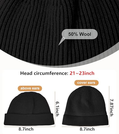 Wool Fisherman Beanie for Men Wome, Thin Knit Winter Hats Skull Cap - color: Black
