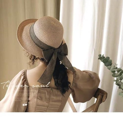 Women Straw Sun Hats Wide Brim Ribbons Roll Up Bucket UPF 50+ Foldable Floppy Sun Hat with Strap UV Protection Summer Beach - color: Khaki
