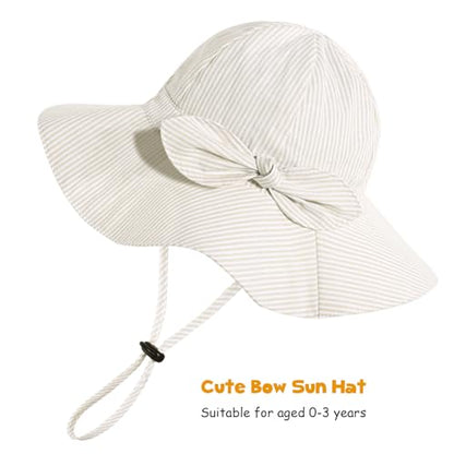 Baby Girl Sun Hat with UPF 50+ Outdoor Adjustable Beach Hat with Wide Brim Bucket Hats - color: Beige-stripe & Black Dots -2pcs, size: 6-12 Months