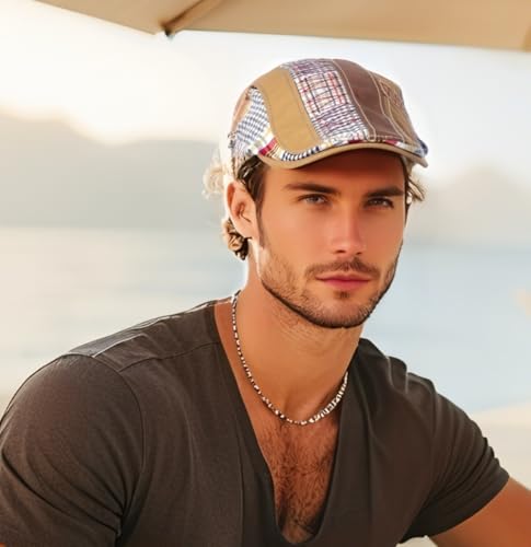 Cabbie Hats for Men Summer,Cotton Beret Newsboy Hat Ivy Gatsby Adjustable Flat Cap Beret for Driving - color: Cotton -Khaki B