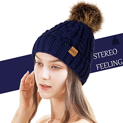 REDESS Women Winter Pompom Beanie Hat with Warm Fleece Lined Thick Slouchy Snow Knit Hat Skull Ski Cap - color: Navy