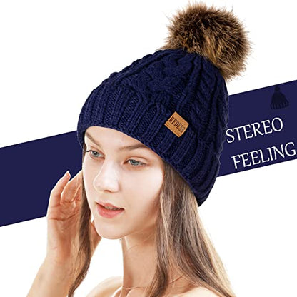 REDESS Women Winter Pompom Beanie Hat with Warm Fleece Lined Thick Slouchy Snow Knit Hat Skull Ski Cap - color: Navy