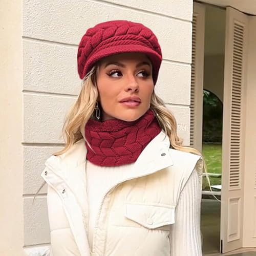 Loritta Womens Winter Beanie Hats, Thick Warm Beanie with Visor Brim - color: Wine Red