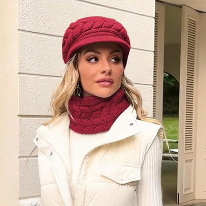 Loritta Womens Winter Beanie Hats, Thick Warm Beanie with Visor Brim - color: Wine Red