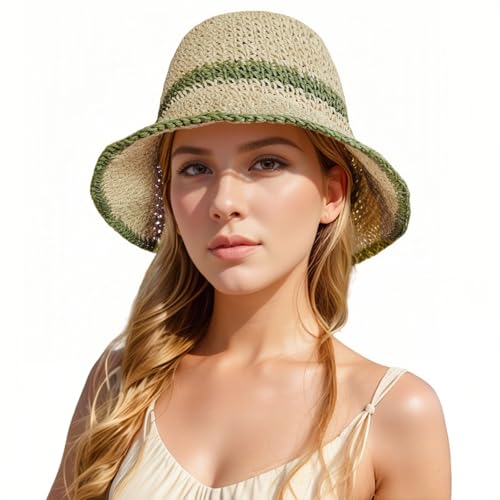 Floppy Big Beach Straw Hats for Women Foldable Summer Wide Brim Packable Sun Hat Womens Travel Straw Fedora Hat - color: Beige-green