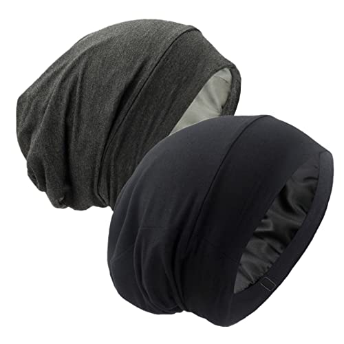 Silk Satin Lined Bonnet Sleep Cap - Adjustable Stay on All Night Hair Wrap Cover Slouchy Beanie for Curly Hair Protection for Women and Men - Black & Dark Grey - color: Black & Dark Grey, size: One Size